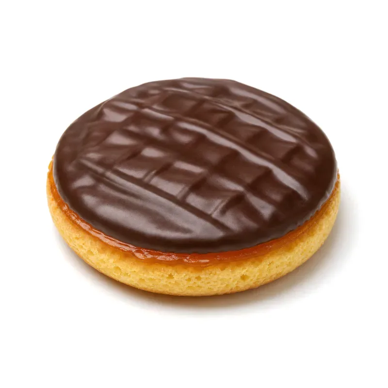 A single Jaffa Cake: sponge base, orange jelly, dark chocolate top.